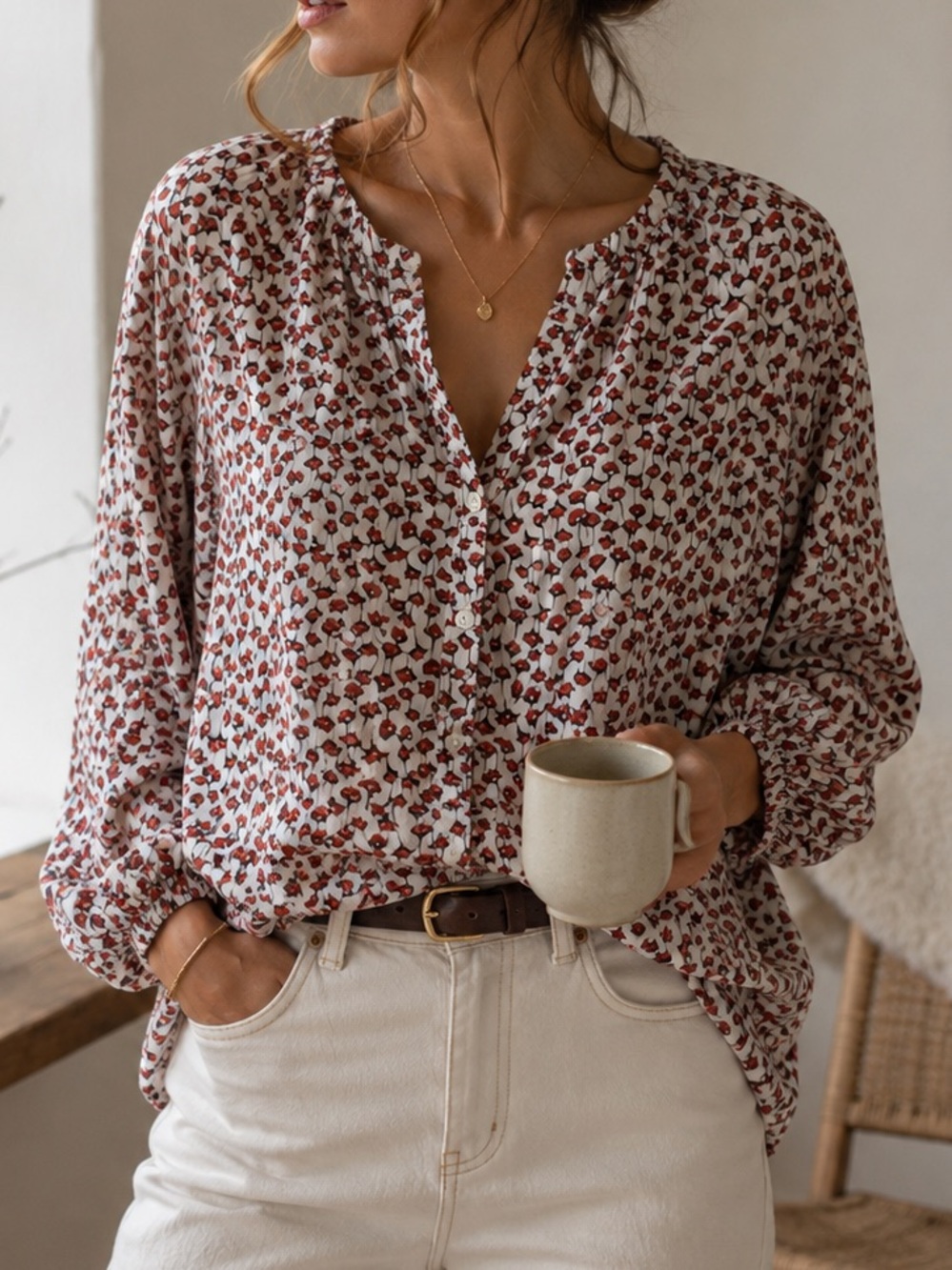 Boden Esme Peasant Blouse Red Ginko Floral Print Puff Sleeve Button Scandi Boho